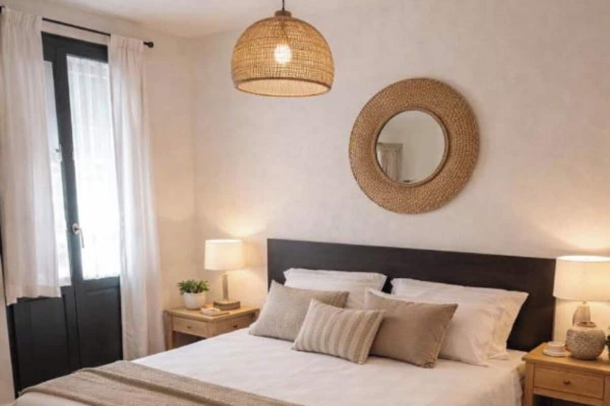 A neatly made bed with a headboard, two bedside lamps, a round mirror, and a small bedside table with a lamp.