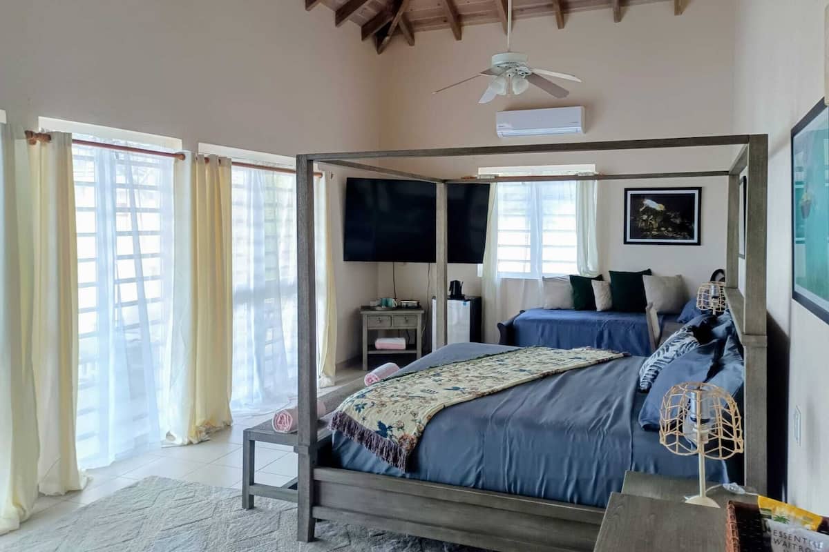 A four-poster bed with a television above it, a ceiling fan, and a large window with curtains.