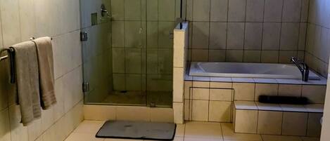 Un baño con ducha, inodoro y bañera.