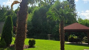 A well-maintained garden with a gazebo, palm trees, and a clear sky.