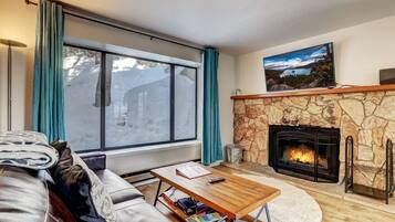 Smart TV, lareira, livros