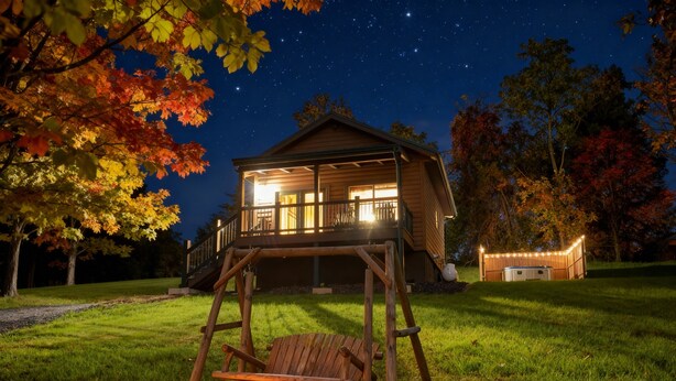 Une cabane en bois dotée d’un balcon, d’un foyer et d’une terrasse agrémentée de guirlandes lumineuses.