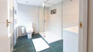 A modern bathroom with a glass shower enclosure, a white toilet, and a bathtub. - Aethelred Annexe - New Build with Full Amenities (Winchester)