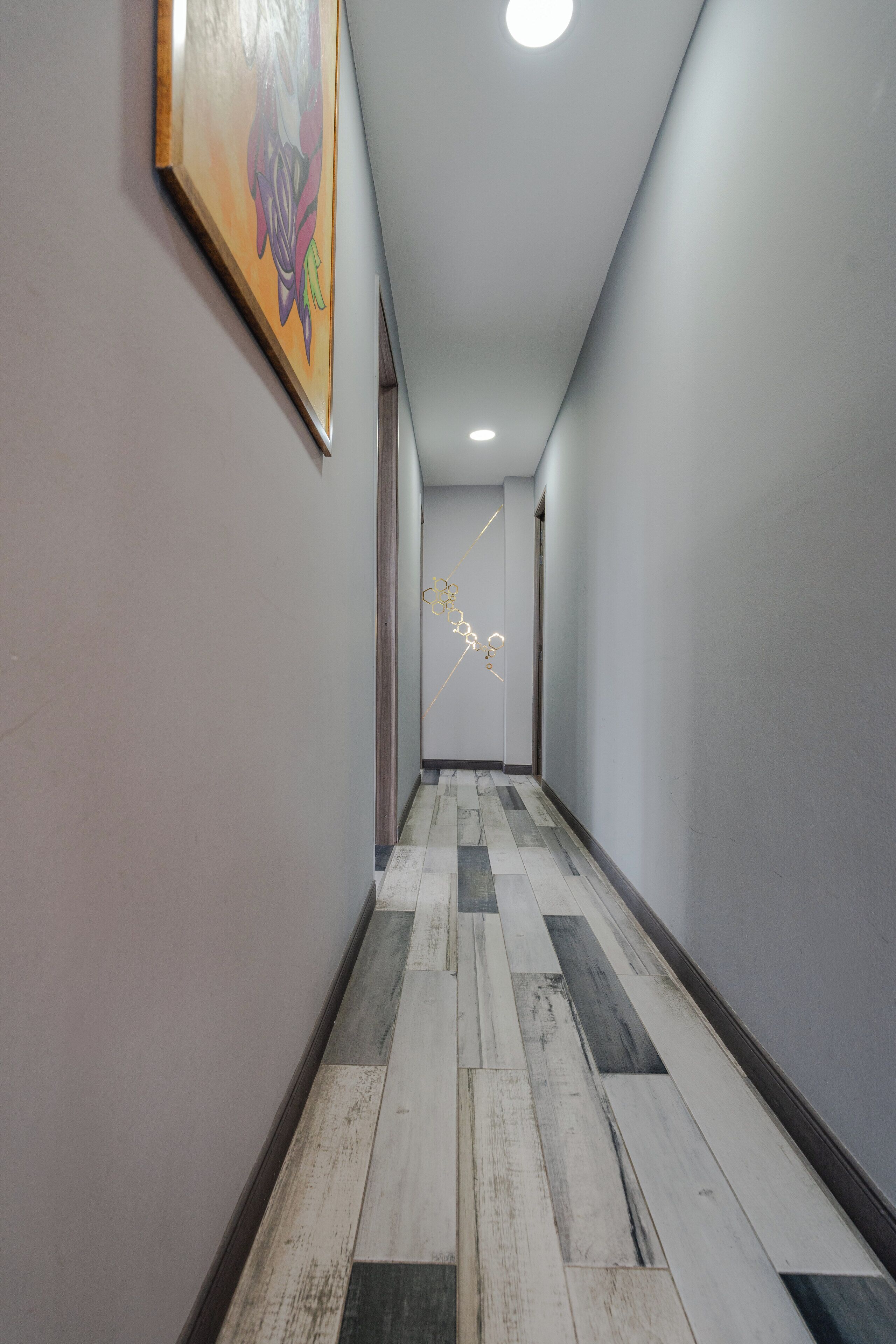 A hallway with a patterned floor, a framed artwork on the wall, and a light fixture on the ceiling.