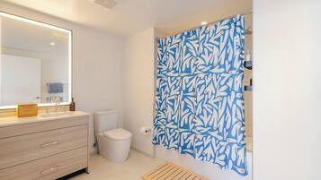 Secadora de cabello, jabón, papel de baño