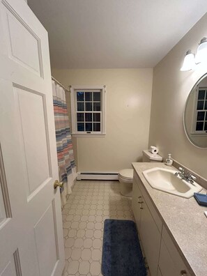 Shower, hair dryer, towels, shampoo