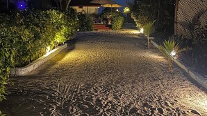 Vista noturna de um caminho pavimentado que leva a um edifício, cercado por palmeiras e iluminado por iluminação ambiente.