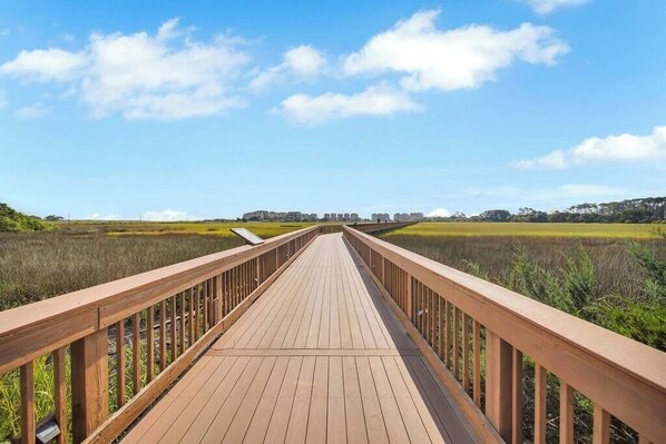 Une promenade en bois qui mène à un plan d’eau, avec des bâtiments visibles au loin.