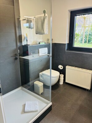 Dusche, Haartrockner, Handtücher, Seife
