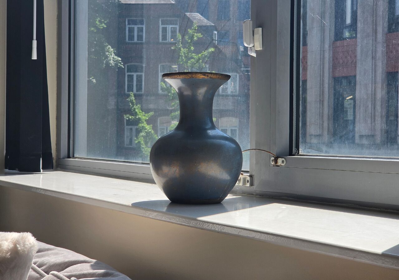 Eine Vase auf einem Fensterbrett mit Blick auf Gebäude im Freien.
