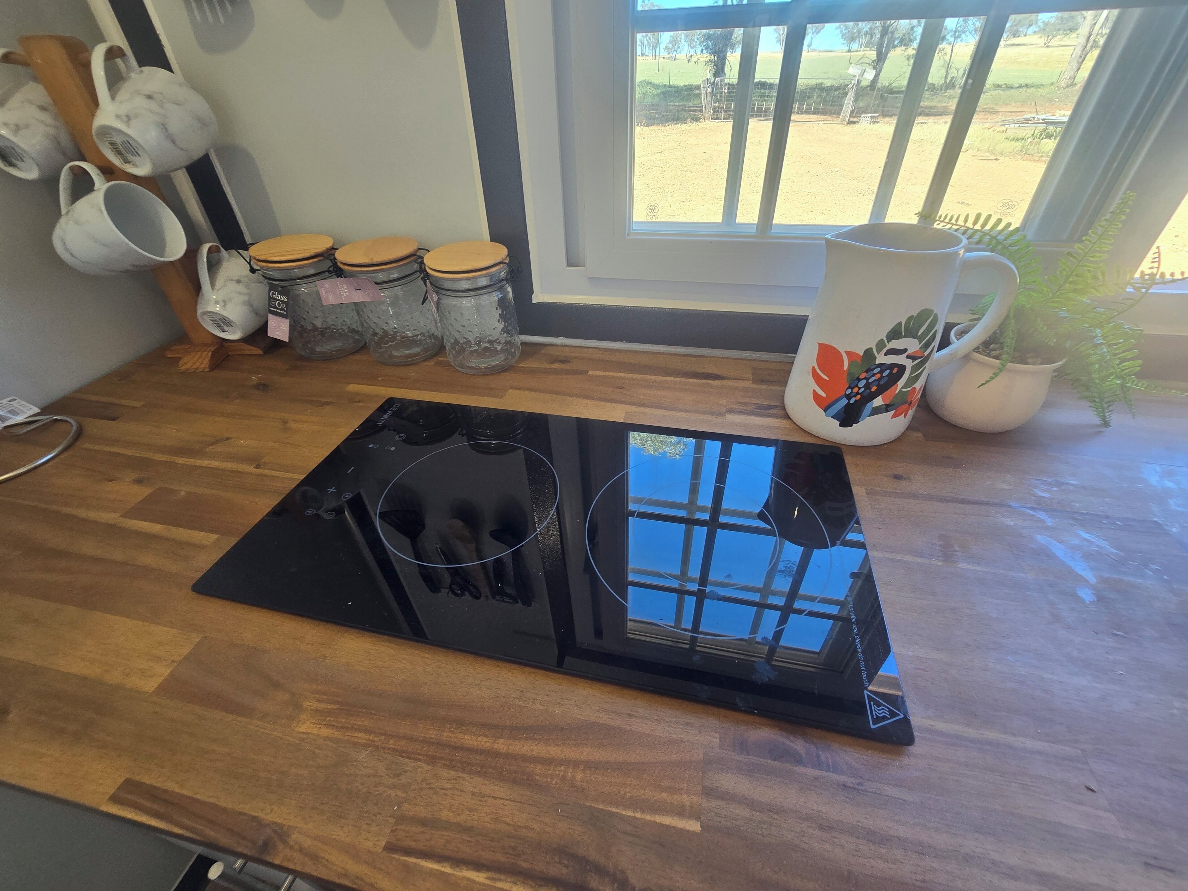 Una cocina con tope de inducción negro, armarios de madera y una ventana que da a un área exterior cercada.