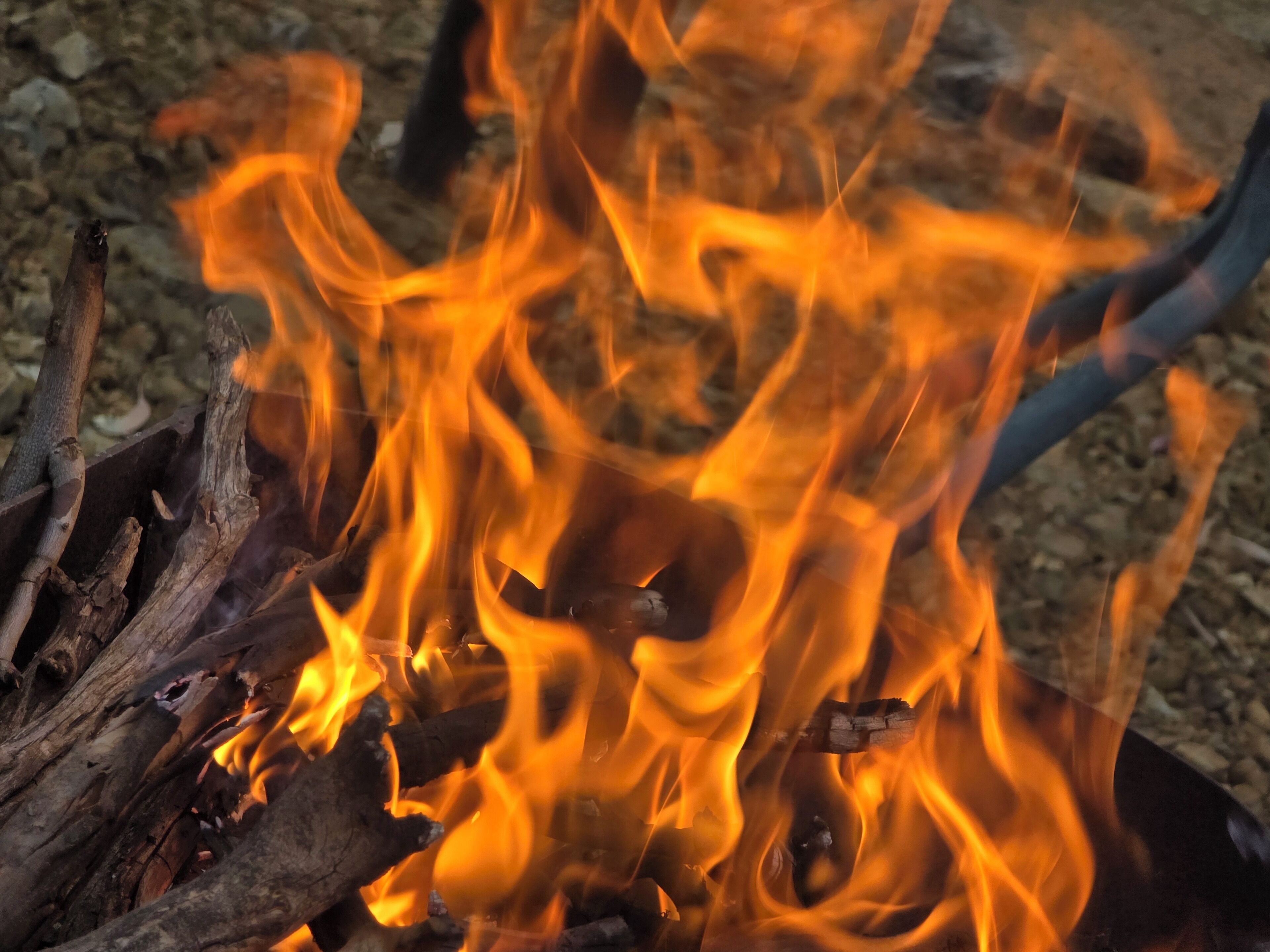 A close-up of a fire with flames consuming wood.