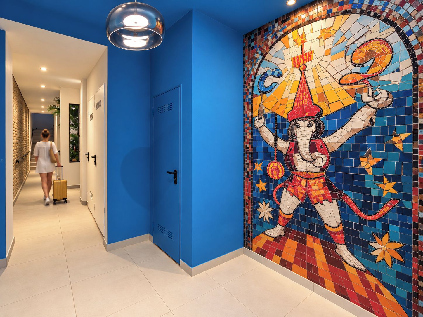 A hotel corridor with a blue wall, a mosaic mural, and a person walking with a suitcase.