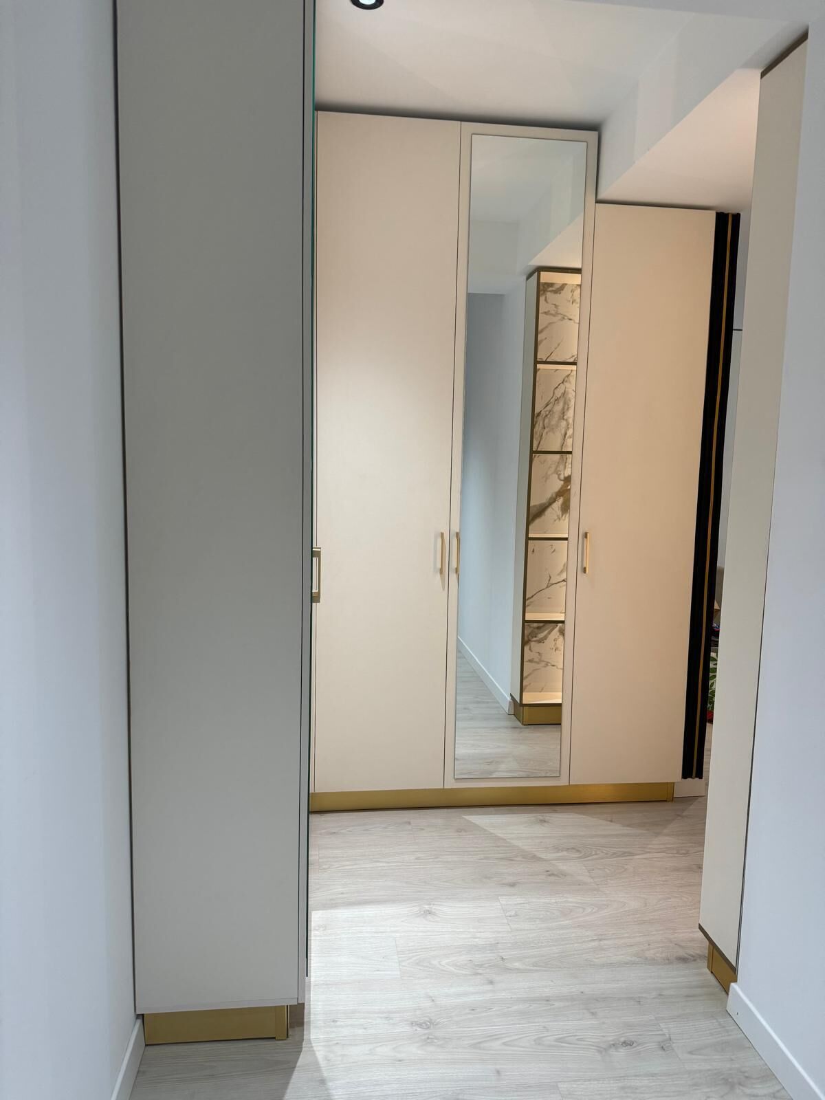A hallway with a mirrored wardrobe and a wooden floor.