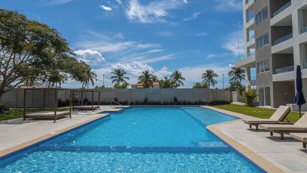 Une piscine rectangulaire à l’eau d’un bleu limpide, entourée d’un petit muret et d’une zone herbeuse agrémentée de palmiers.