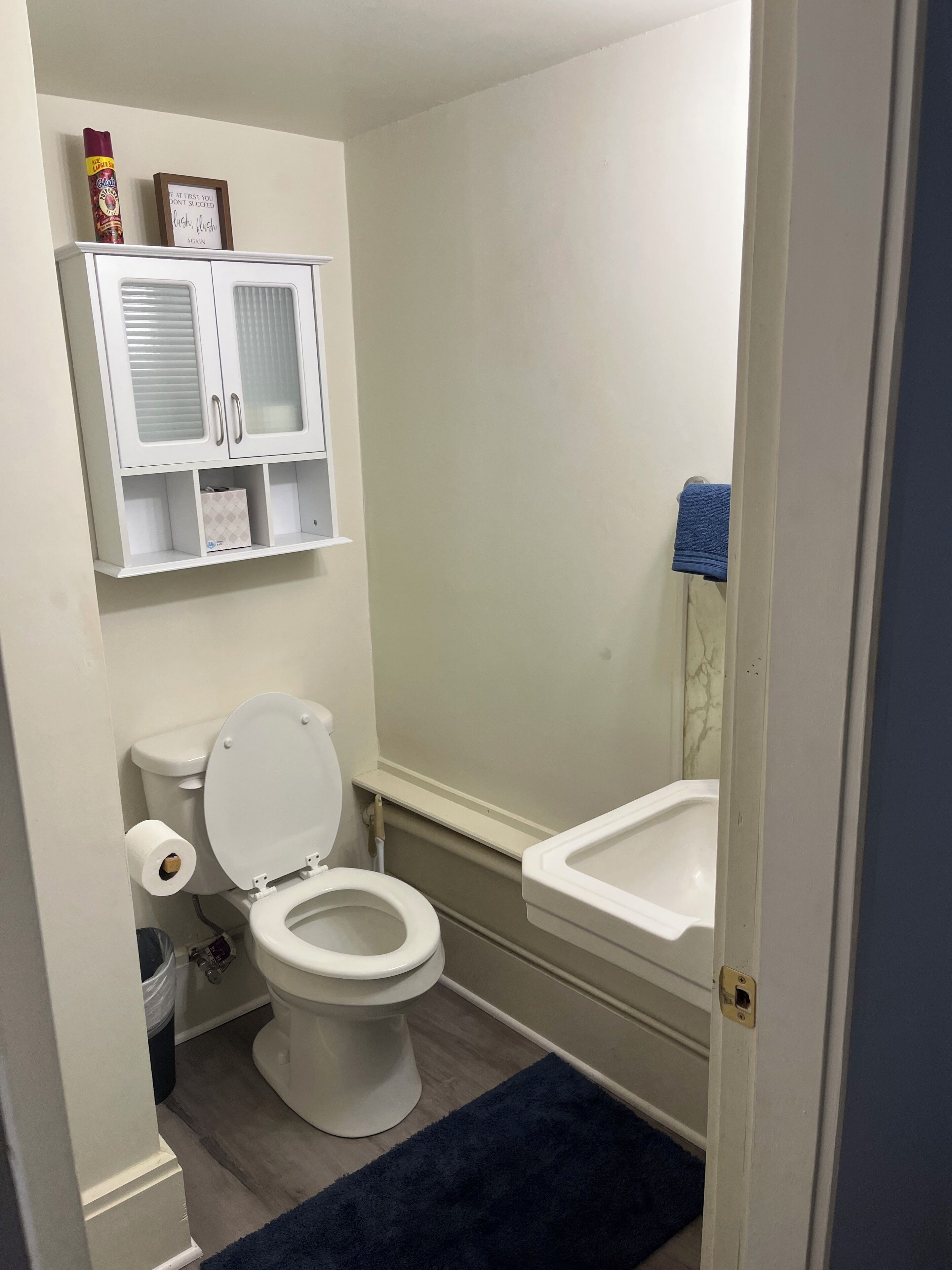 Ein Badezimmer mit Toilette, Waschbecken und einem Schrank über der Toilette.