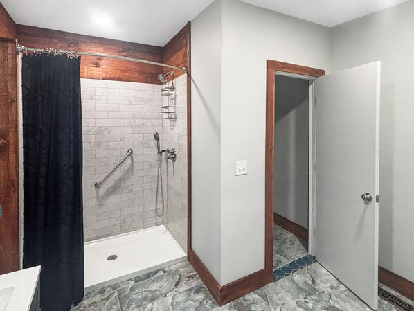 Hair dryer, towels, soap, toilet paper