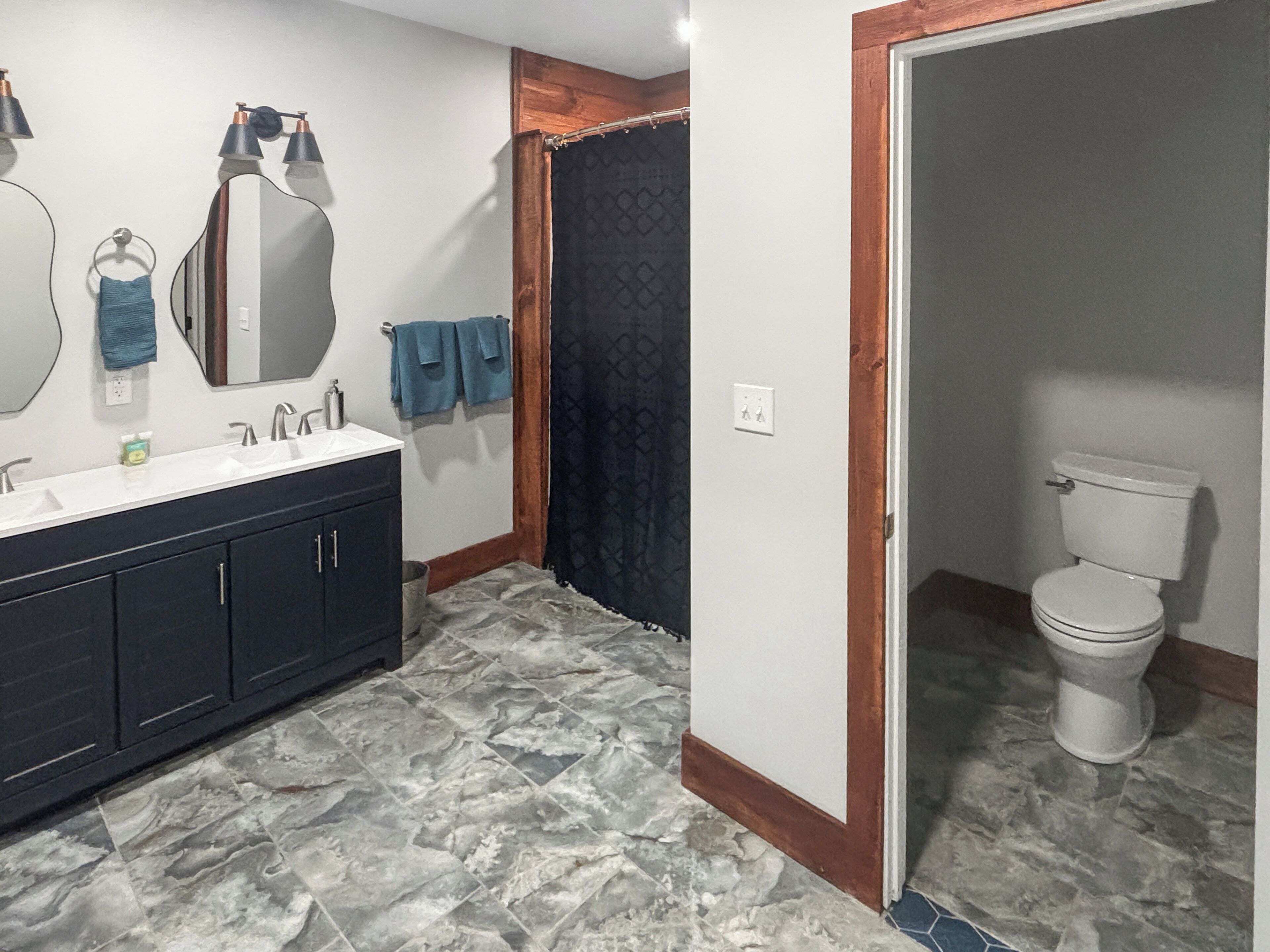 Hair dryer, towels, soap, toilet paper