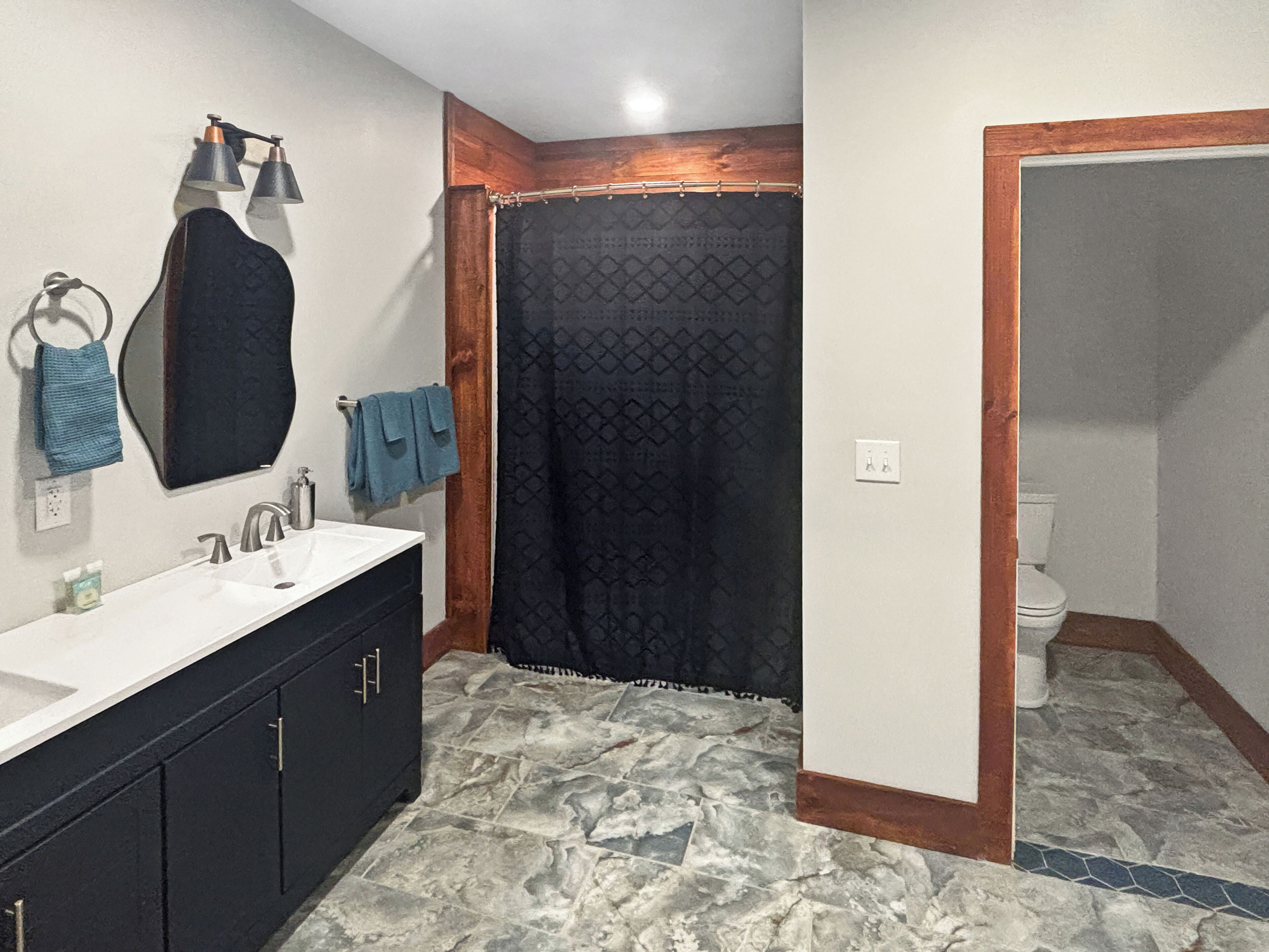 Hair dryer, towels, soap, toilet paper