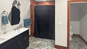 Hair dryer, towels, soap, toilet paper