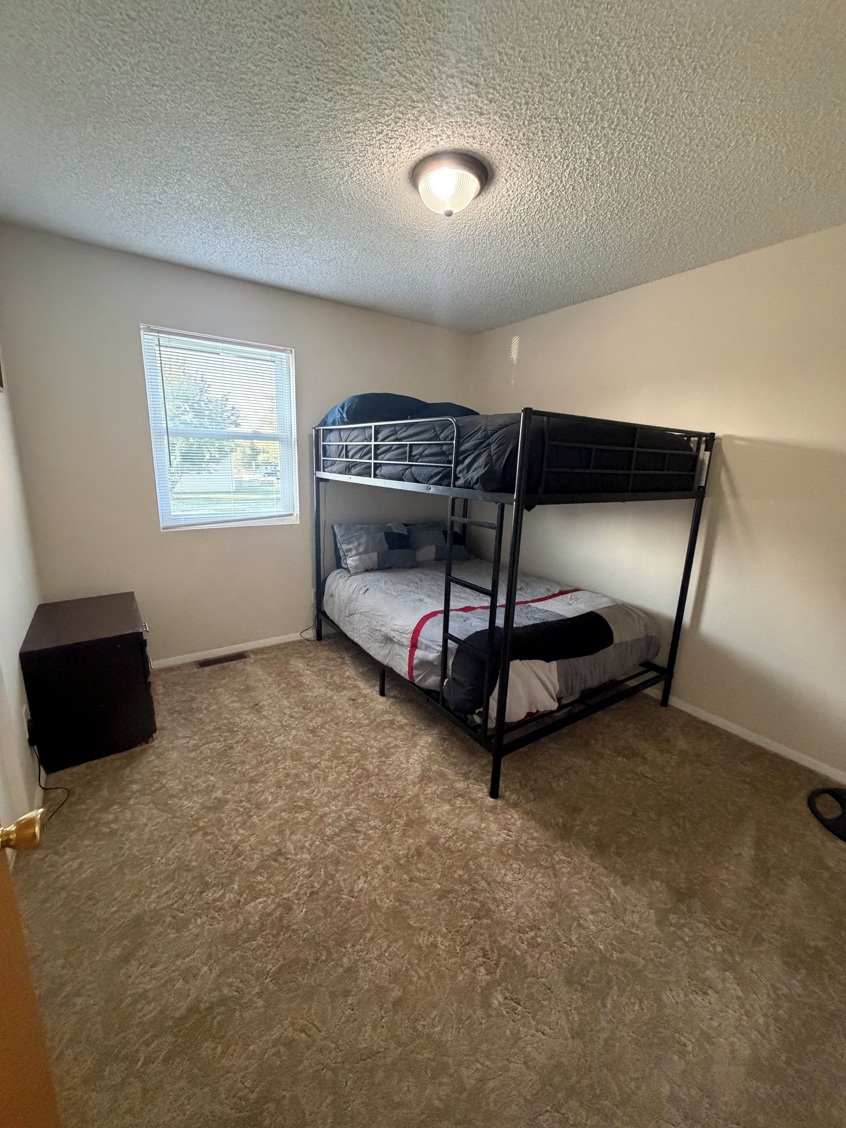 Une chambre avec un lit superposé, une fenêtre, un sol recouvert de moquette et un luminaire au plafond.