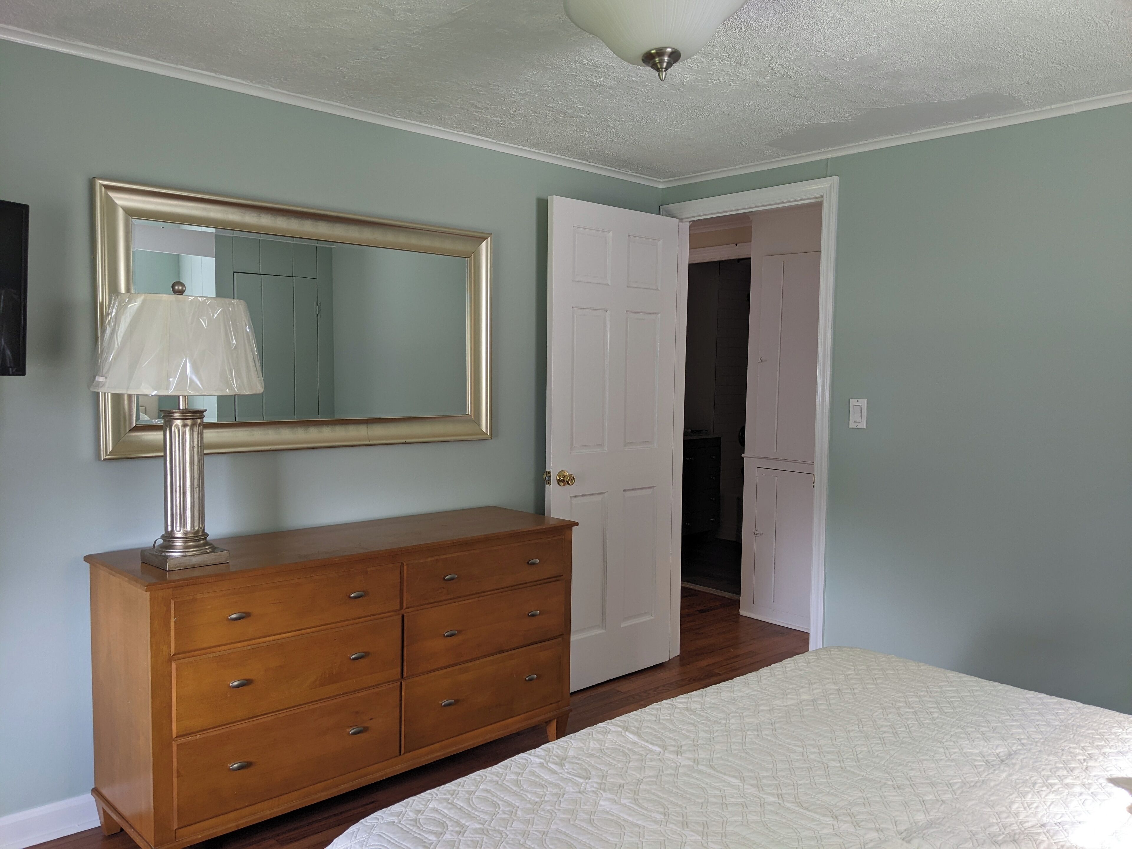 A bedroom with a wooden dresser, a mirror, a bed, and a door leading to another room.
