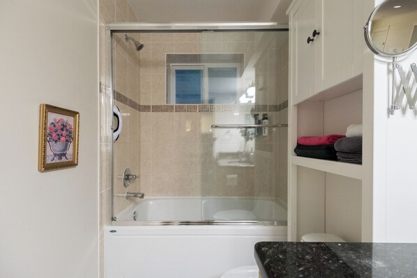 Hair dryer, towels, soap, shampoo