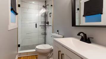 Hair dryer, towels, soap, toilet paper