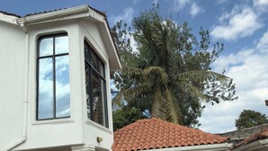 Une maison à deux étages, avec un toit recouvert de tuiles rouges, un grand arbre dans le jardin et une voiture noire garée devant.
