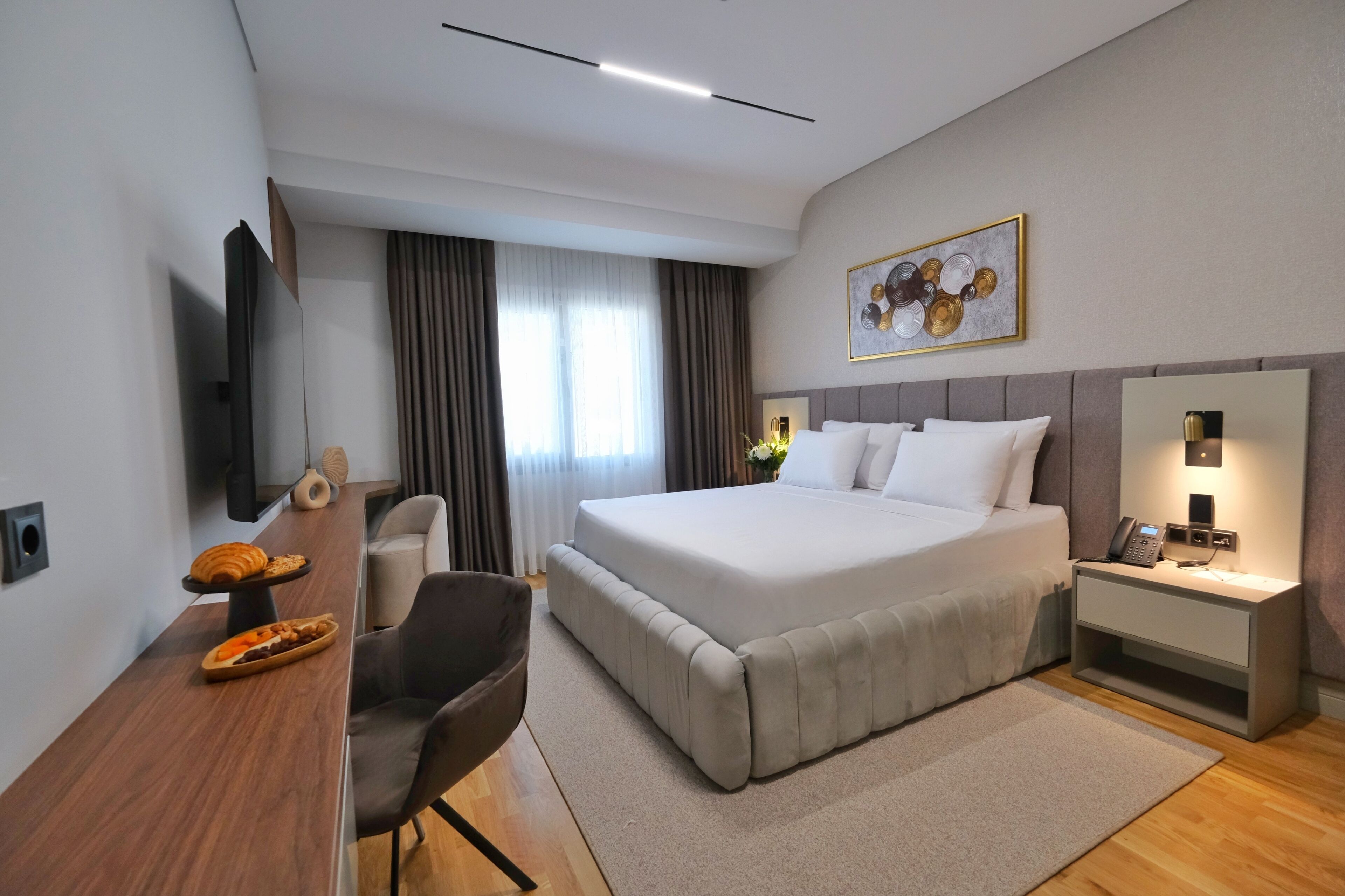 Premium bedding, minibar, desk, laptop workspace