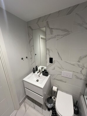 Secadora de cabello, toallas, jabón, papel de baño