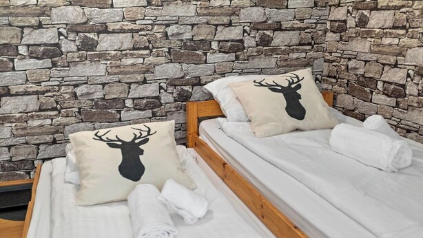 A room with a stone wall, two beds with white bedding, and pillows with a deer silhouette. - Crans-Montana - Studio 2 pp - Centre/Rue du Prado (Lens)