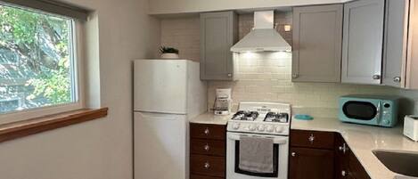 Frigorífico, microondas, horno y placa de cocina