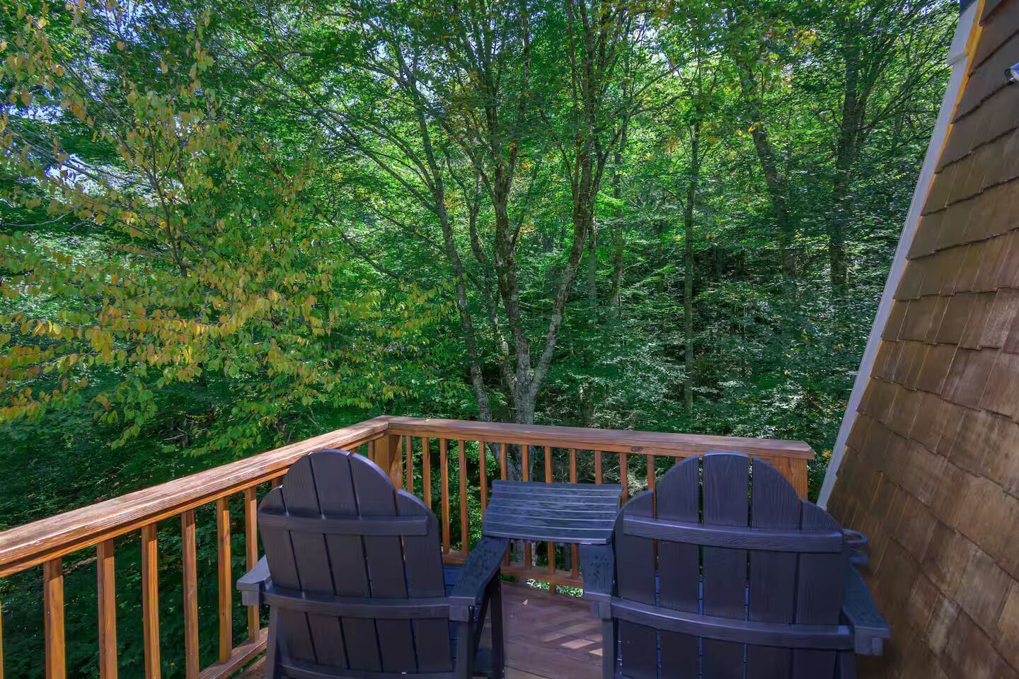 A wooden deck with two Adirondack chairs and a table, surrounded by dense green foliage.