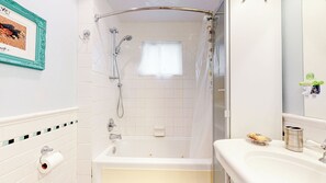 Hair dryer, towels, soap, shampoo