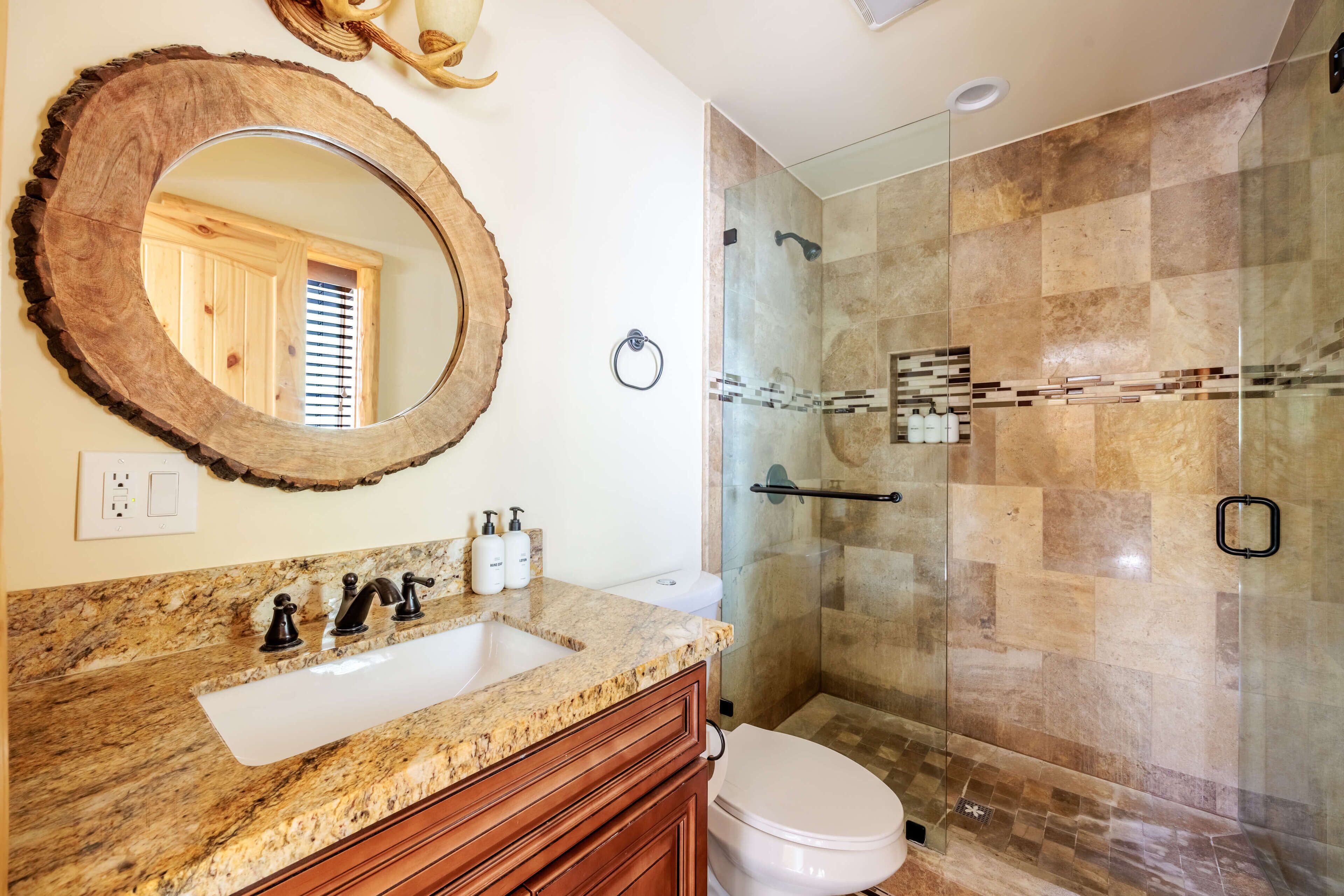 Hair dryer, towels, soap, toilet paper