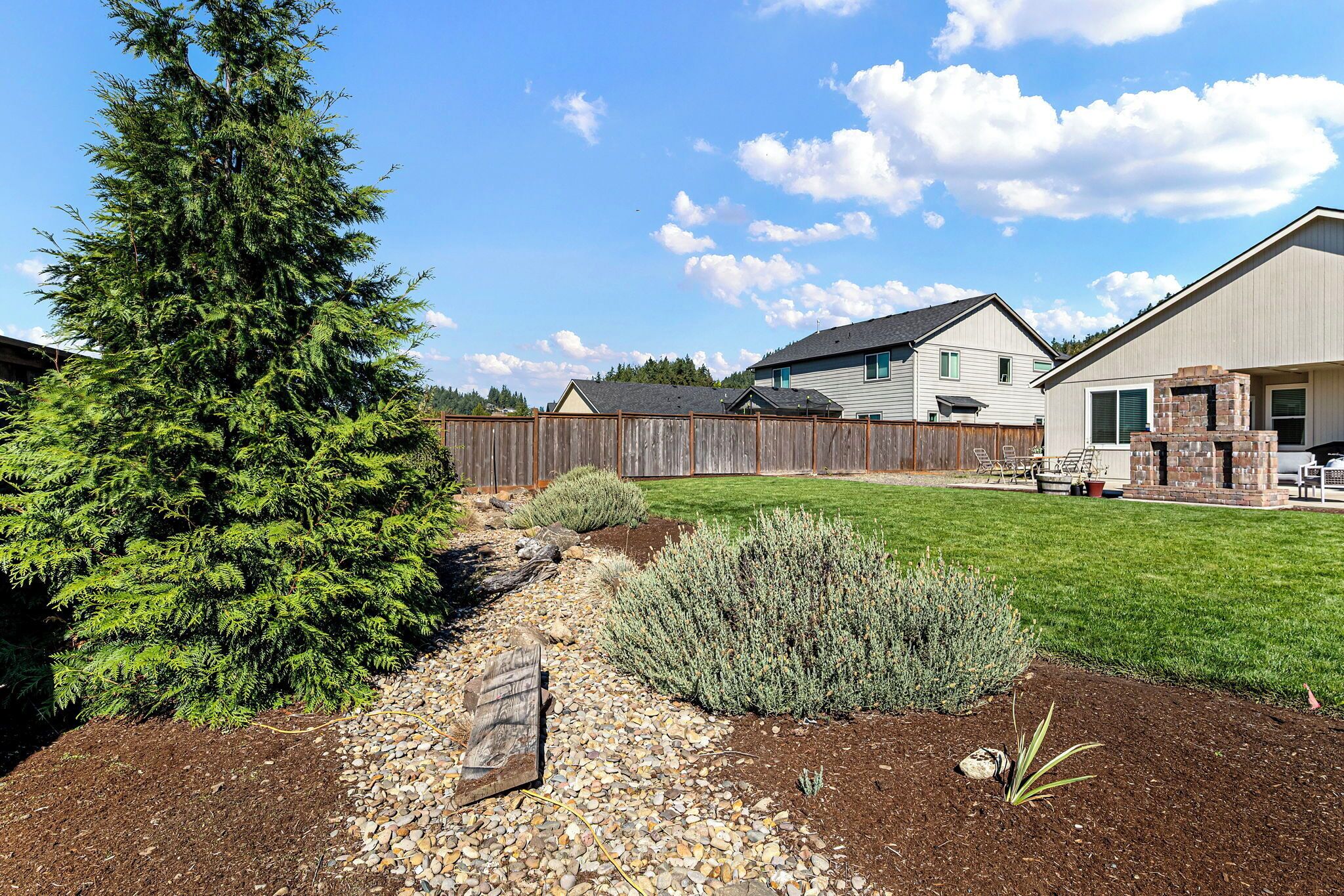 A residential area with a large coniferous tree, a wooden fence, and a well-maintained lawn.