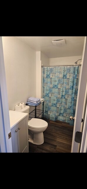 Shower, towels, soap, toilet paper