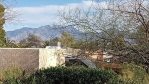 Een tuin met uitzicht op bergen, een windmolen en een gebouw met een schuin dak.