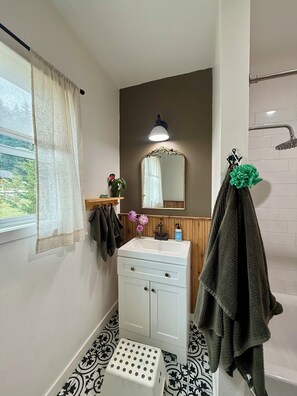 Hair dryer, towels, soap, shampoo