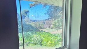 A window with a view of a garden and trees. - Your home away from home (Rocky Mount)