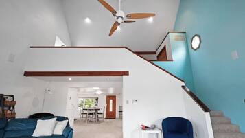 Älytelevisio, takka, DVD-soitin, kirjoja