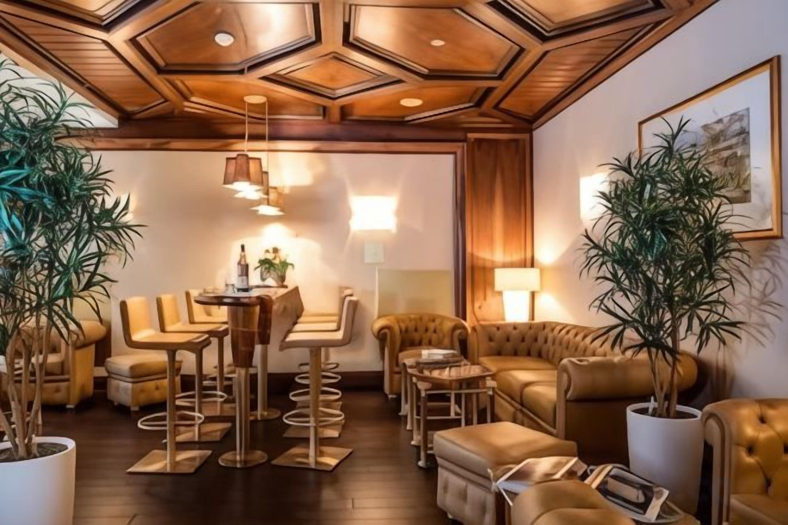 Ein Zimmer mit Holzboden, einem Esstisch mit Stühlen, einer Couch und zwei Topfpflanzen.