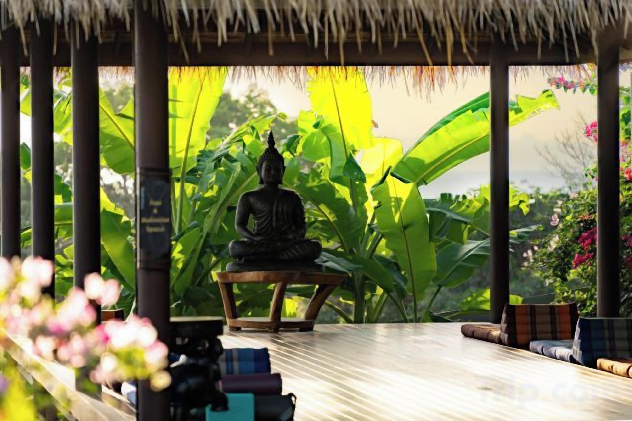A serene outdoor seating area with a Buddha statue, surrounded by lush greenery and a thatched roof structure.