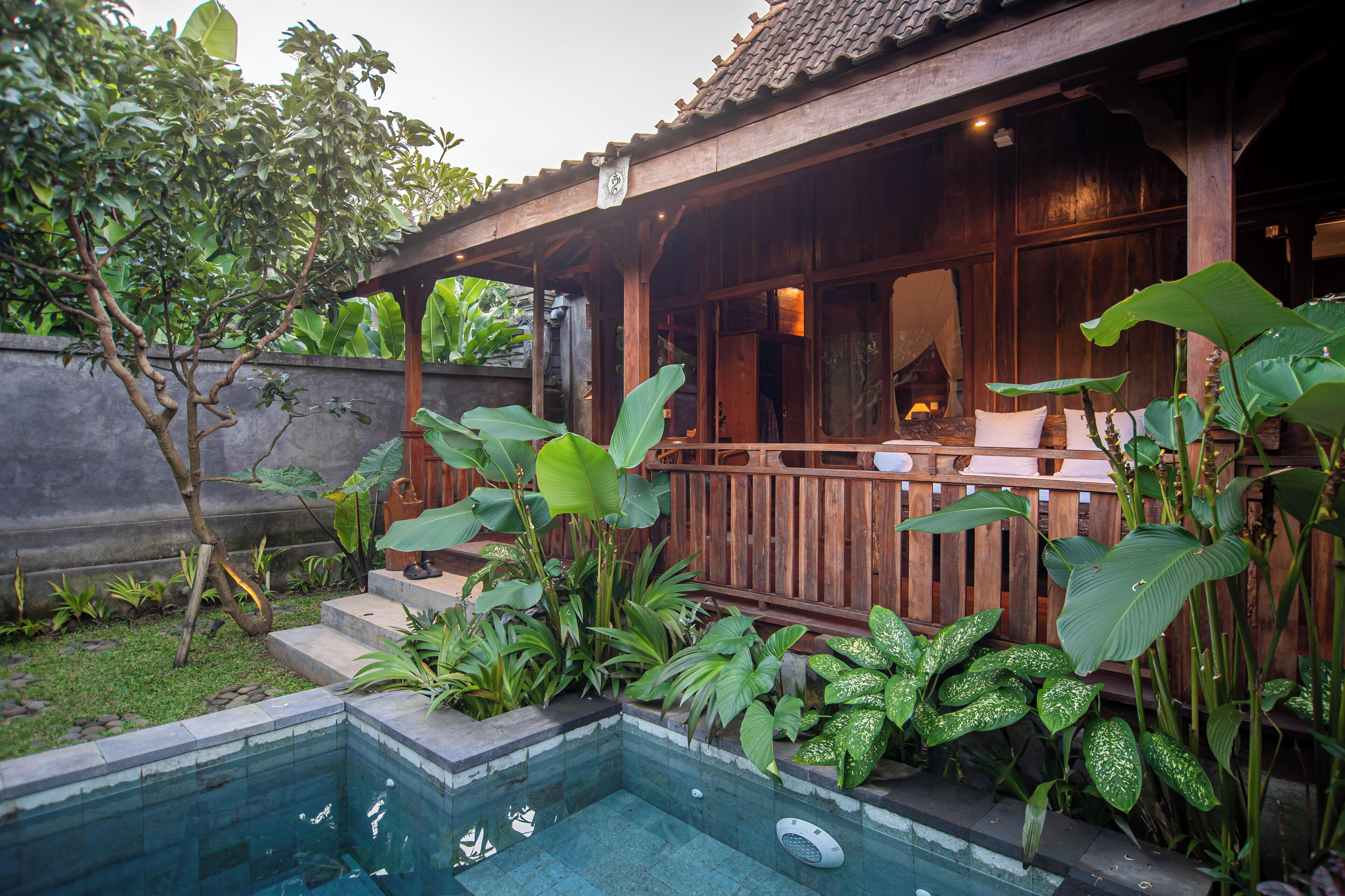 A wooden house with a pool, surrounded by lush greenery.