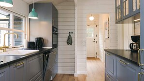 A modern kitchen with grey cabinetry, a black countertop, and a window with a white towel hanging on the wall. - 4 Star Holiday Home in Vaeggerlose (Vaeggerlose)