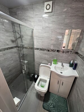 Dusj, håndklær, såpe og toalettpapir