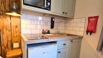 Fridge, microwave, stovetop, cookware/dishes/utensils