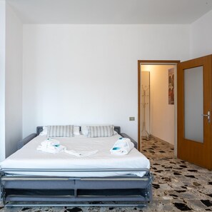 A hotel room with a bed, a door, and a hallway.