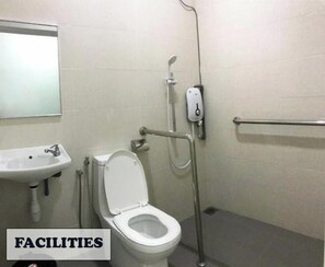 Shower, towels, soap, toilet paper